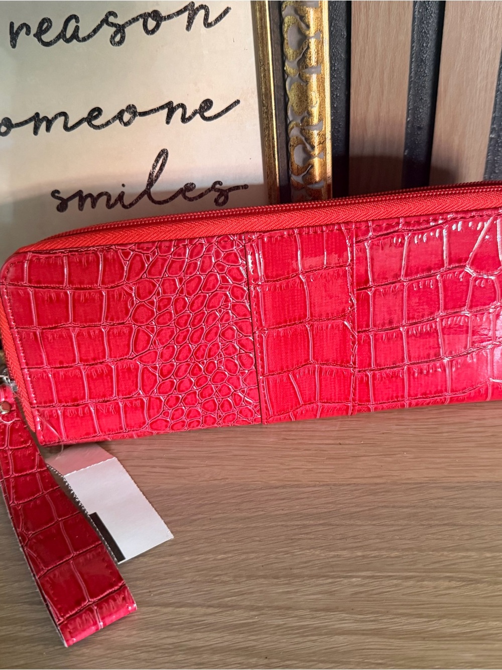 Croc-Embossed Red Wristlet Clutch with Silver Buckle - Picture 2 of 3